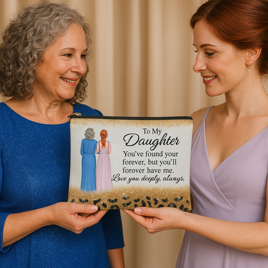 Custom Mother to Daughter Makeup Bag – Wedding Gift from Mom, Forever Love Quote, Skin Tone Options, Personalized Cosmetic Pouch
