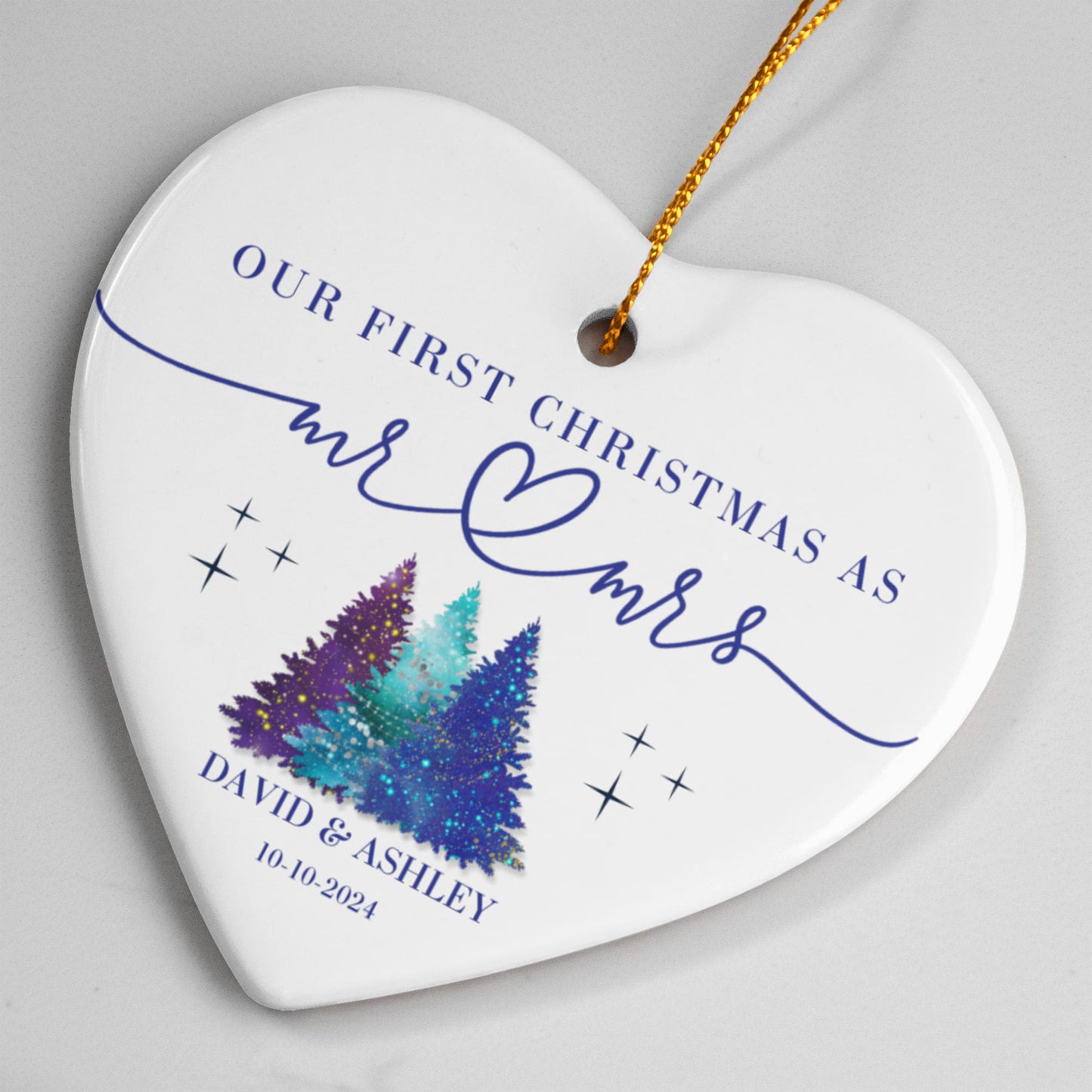 Personalized Our First Christmas as Mr & Mrs Ornament – Custom Heart-Shaped Newlywed Keepsake with Names & Date