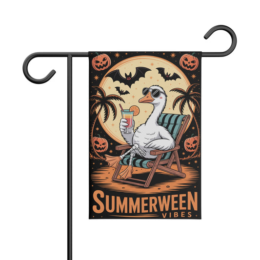 Summerween Vibes Garden Flag – Tropical Halloween Outdoor Décor with Goose, Bats & Pumpkins – Funny Seasonal Yard Flag