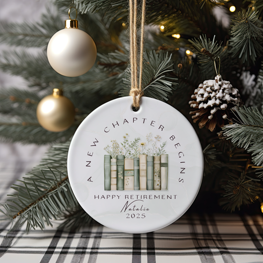 Personalized Retirement Ornament – Custom “A New Chapter Begins” Keepsake with Name & Year – Gift for Retired Coworker or Teacher