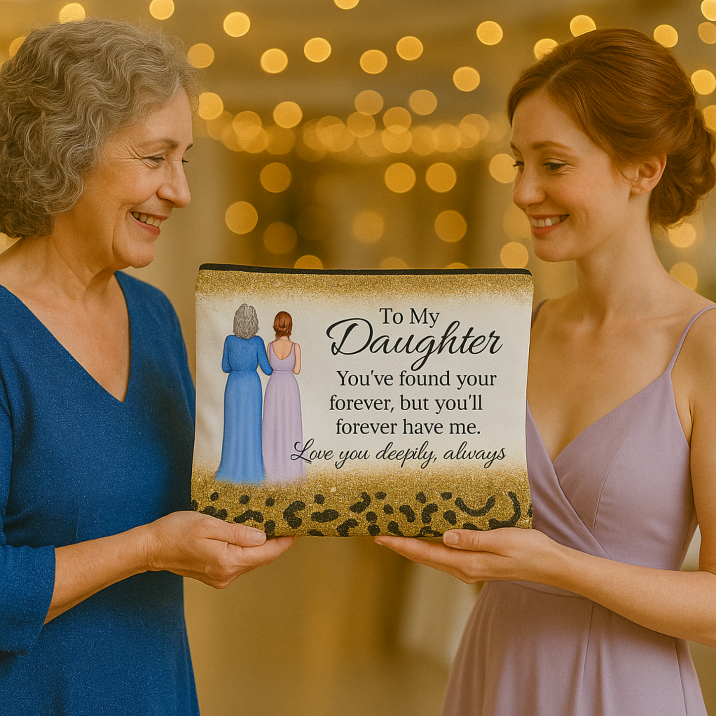 Custom Mother to Daughter Makeup Bag – Wedding Gift from Mom, Forever Love Quote, Skin Tone Options, Personalized Cosmetic Pouch