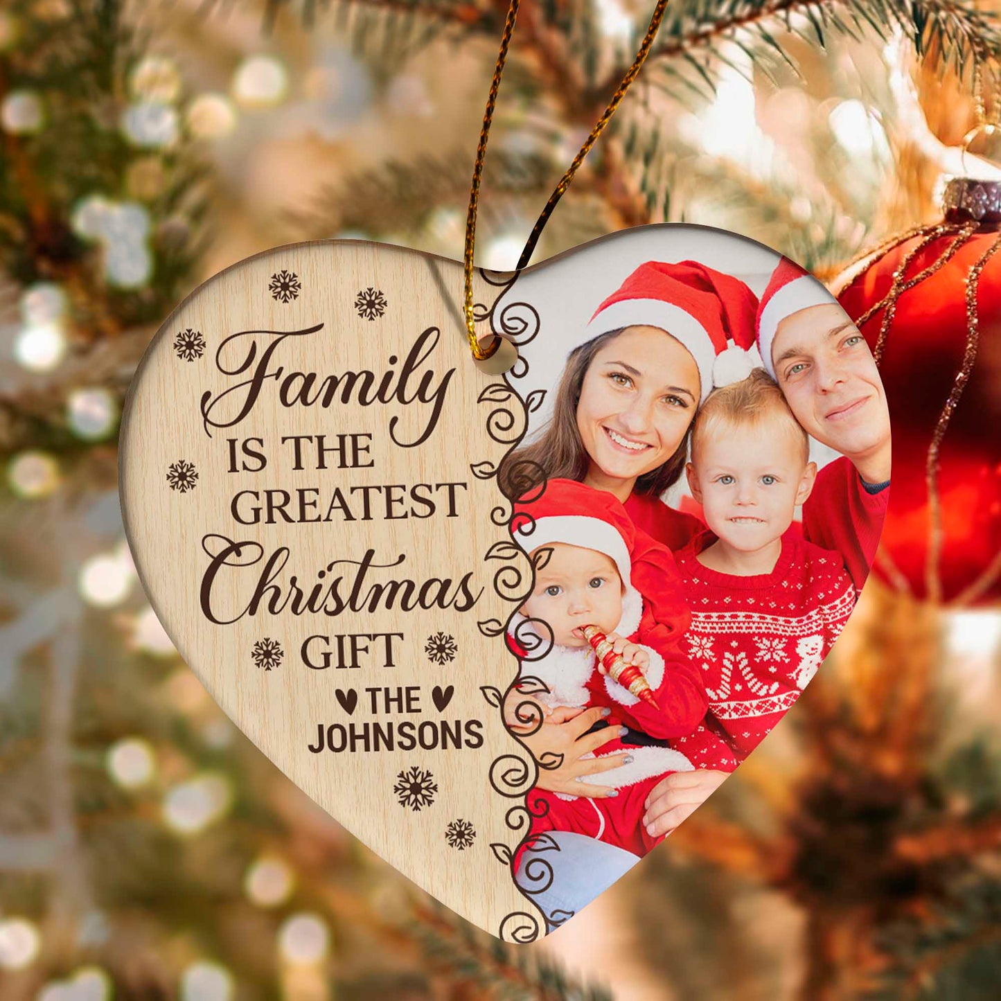 Personalized Ceramic Heart Ornament - "Family Is The Greatest Christmas Gift" - Custom Photo Ornament