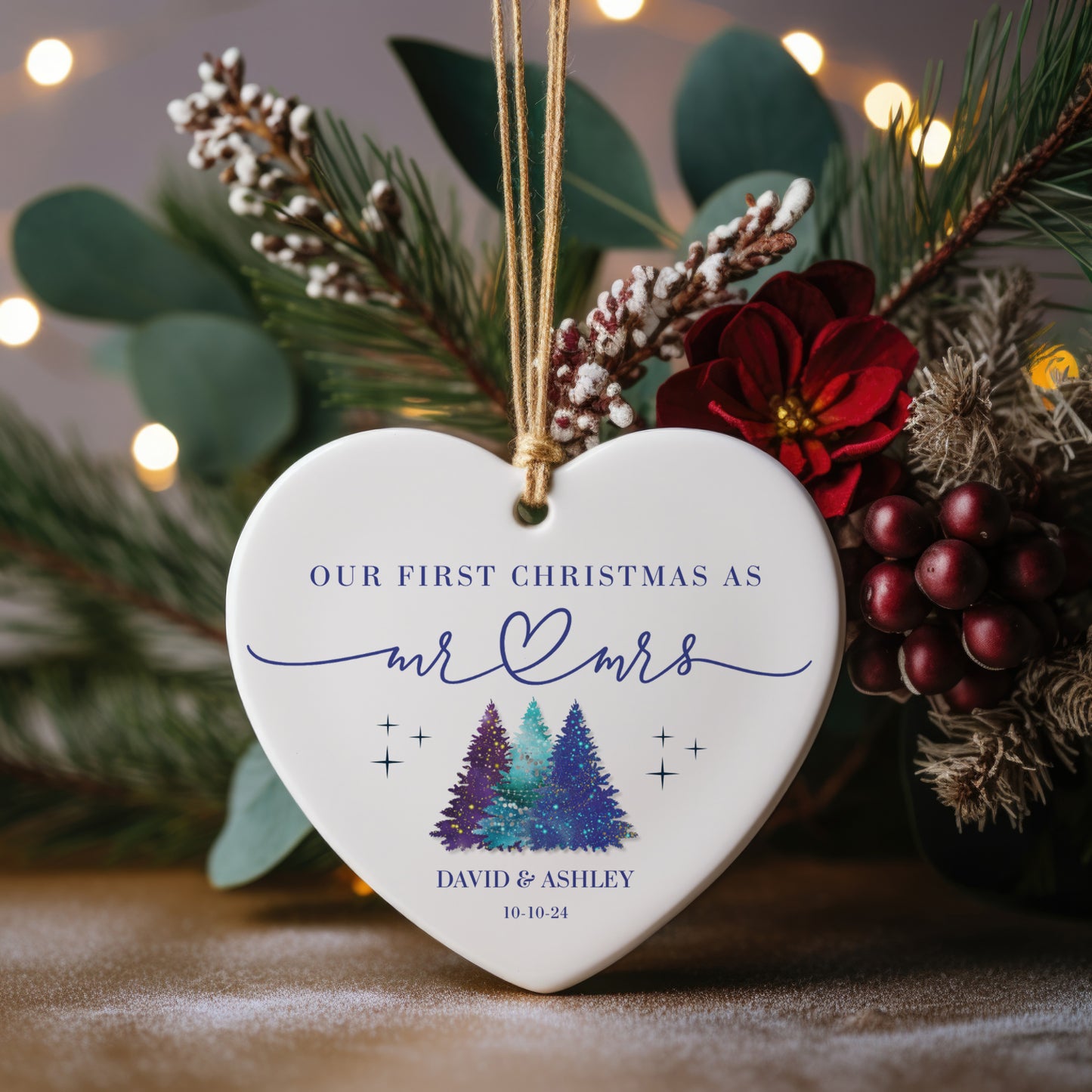 Personalized Our First Christmas as Mr & Mrs Ornament – Custom Heart-Shaped Newlywed Keepsake with Names & Date