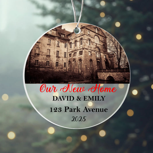 Our New Home Ornament 2025 – Personalized Acrylic Circle Ornament with Photo, Names & Address