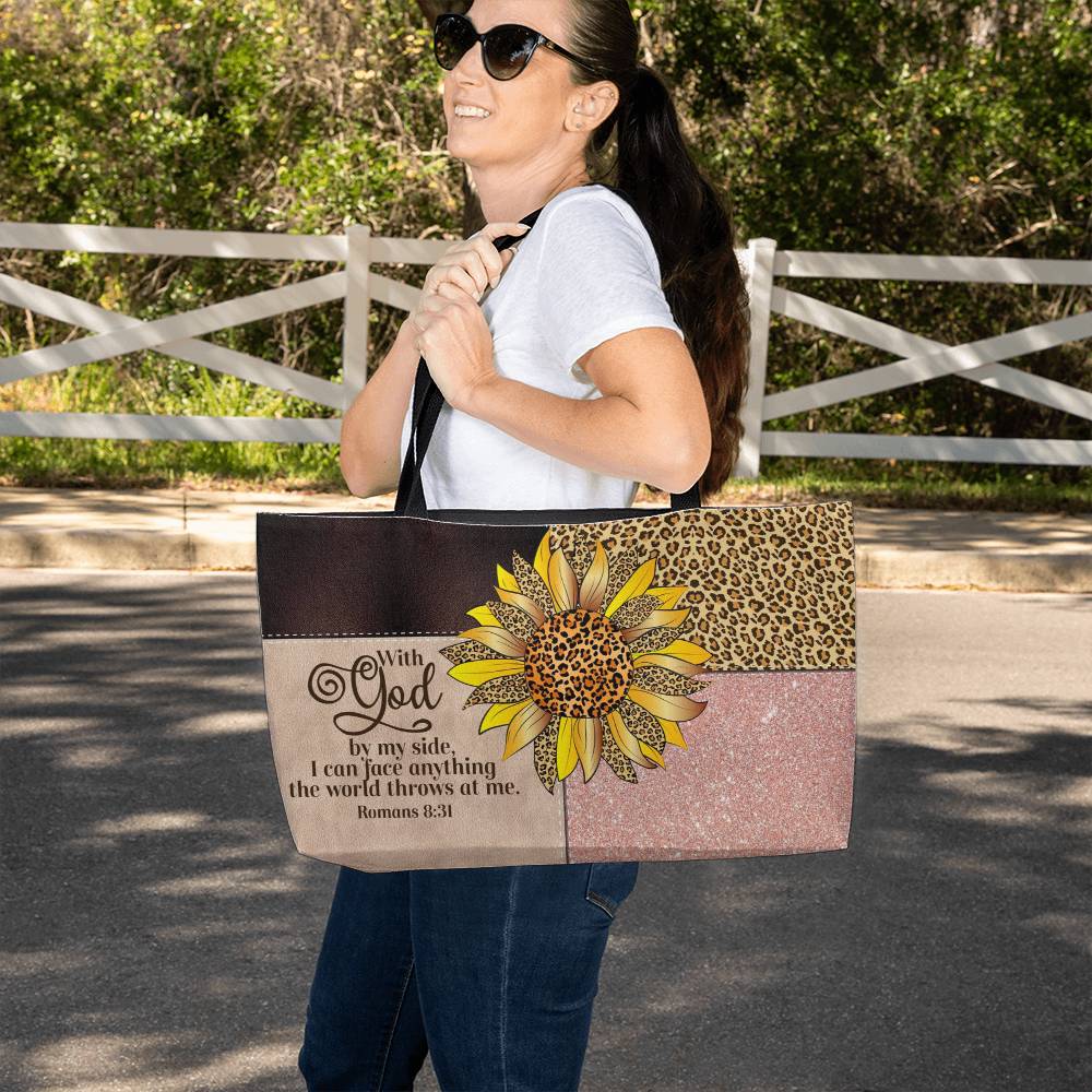 Faith & Fierce Weekender Tote Bag – Leopard Print Christian Travel Bag with Sunflower and Bible Verse