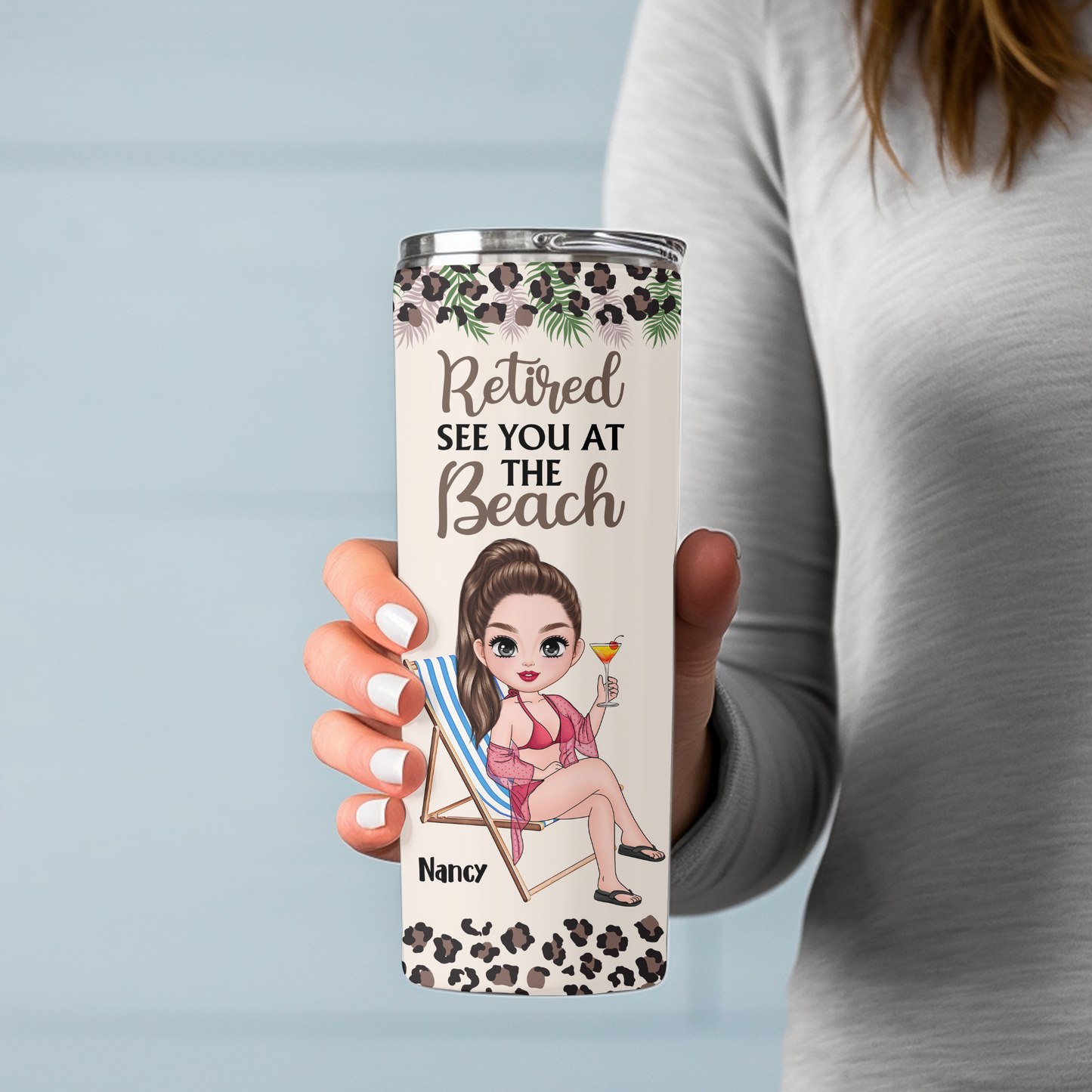 Personalized "Retired See You at the Beach" 20oz Skinny Tumbler with Custom Character – Fun Retirement Gift for Women !