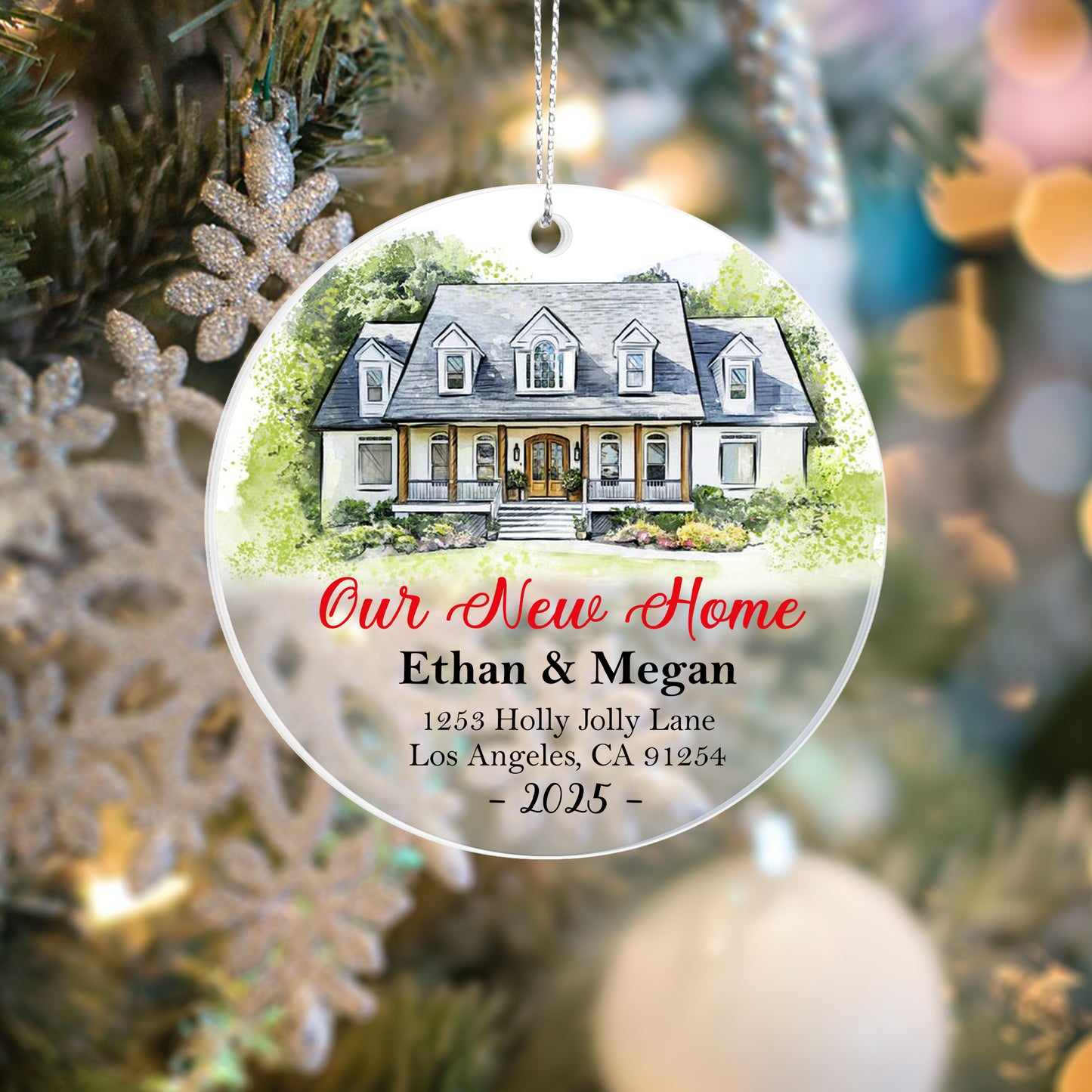 Our New Home Ornament 2025 – Personalized Acrylic Circle Ornament with Photo, Names & Address