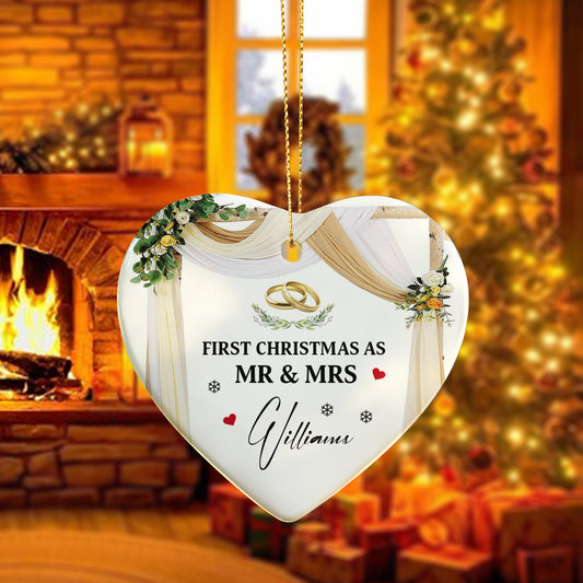 First Christmas As Mr & Mrs Ornament – Personalized Ceramic Heart Ornament for Couples, Custom Newlywed Christmas Keepsake, Wedding Gift 2025