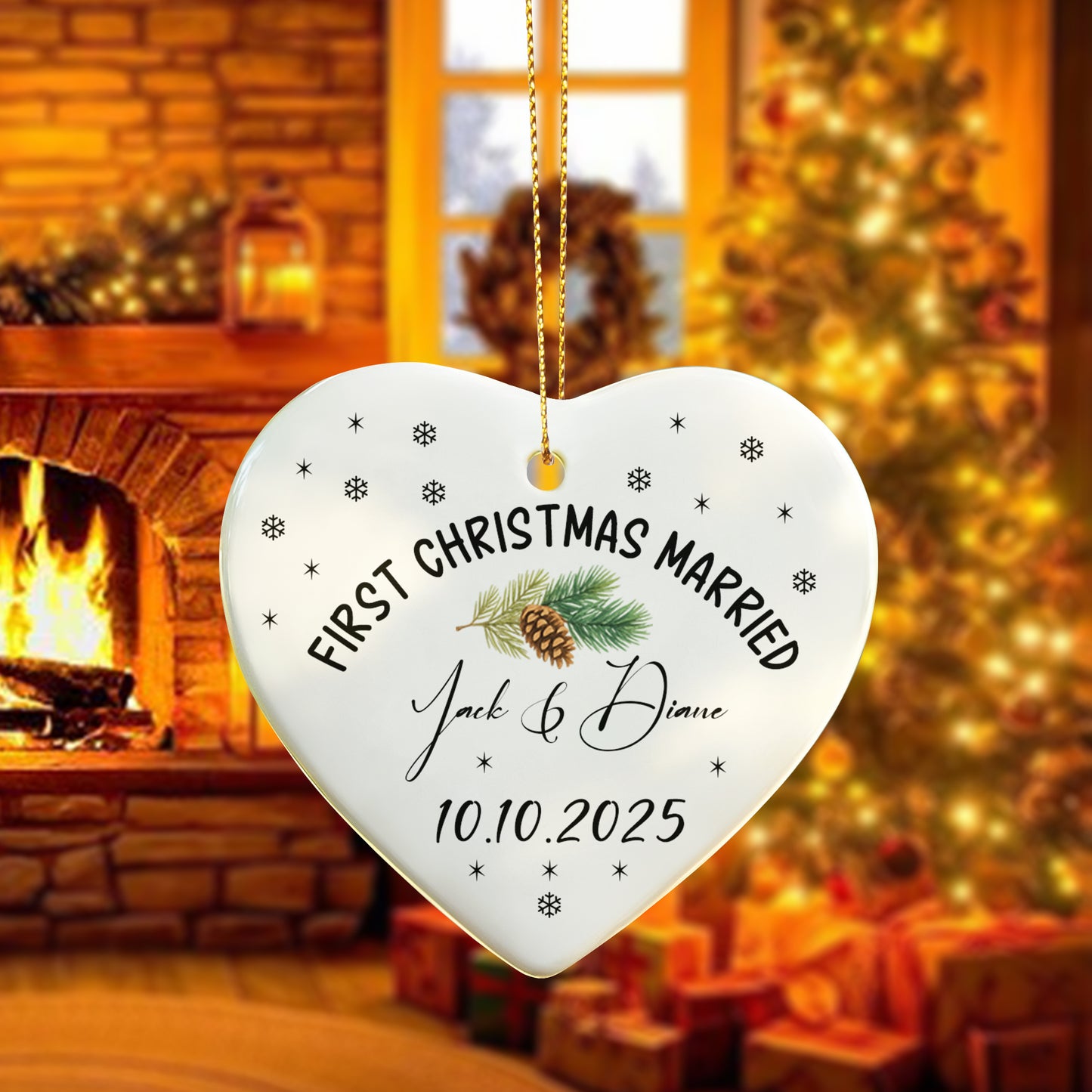 First Christmas Married Ornament 2025 – Personalized Ceramic Heart Ornament for Couples, Pinecone Christmas Decoration, Custom Newlywed Gift