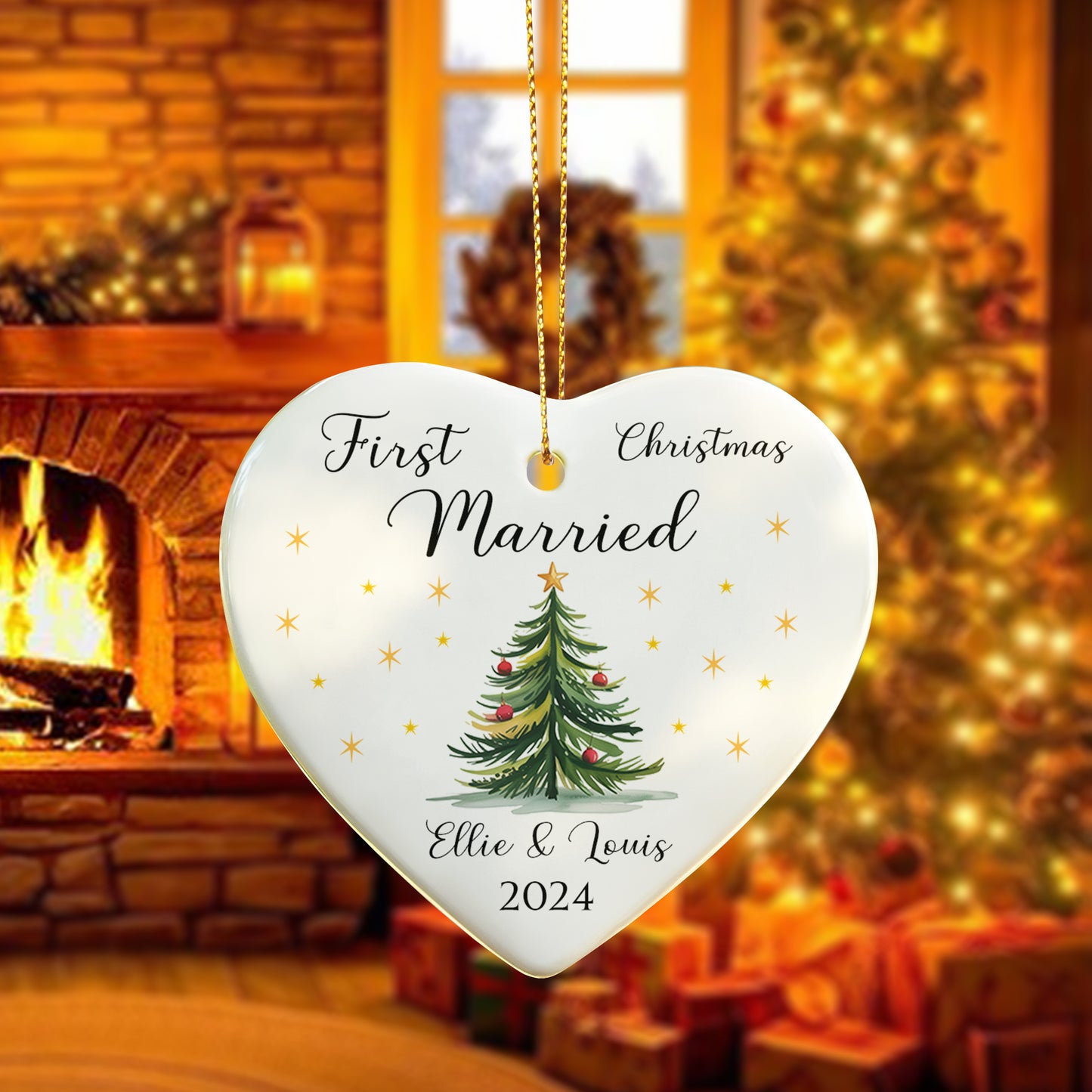 First Christmas Married Ornament 2025 – Personalized Ceramic Heart Ornament for Couples, Newlywed Christmas Tree Keepsake, Mr & Mrs Gift Decoration