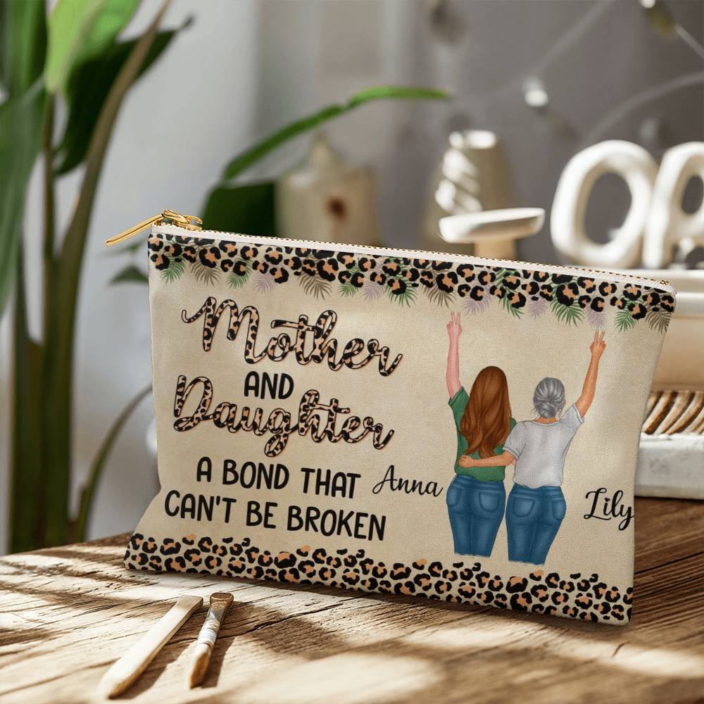 Custom Mother Daughter Makeup Bag – Personalized 2 Character Cosmetic Pouch