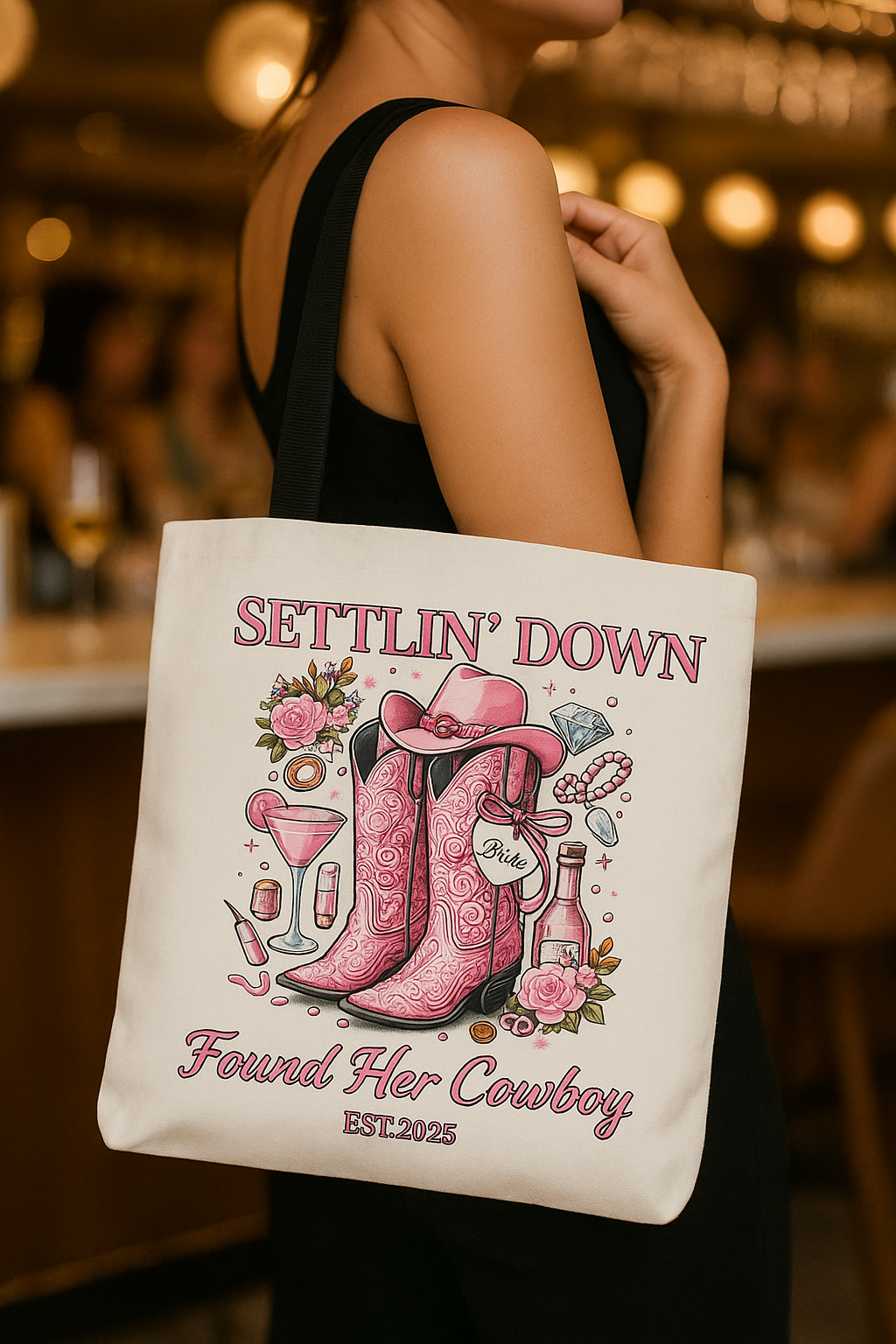 Custom Bride Tote – Settlin' Down Found Her Cowboy Bag with Date