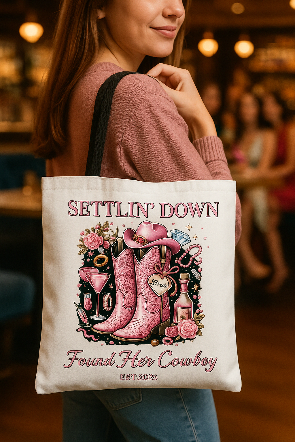 Custom Bride Tote – Settlin' Down Found Her Cowboy Bag with Date