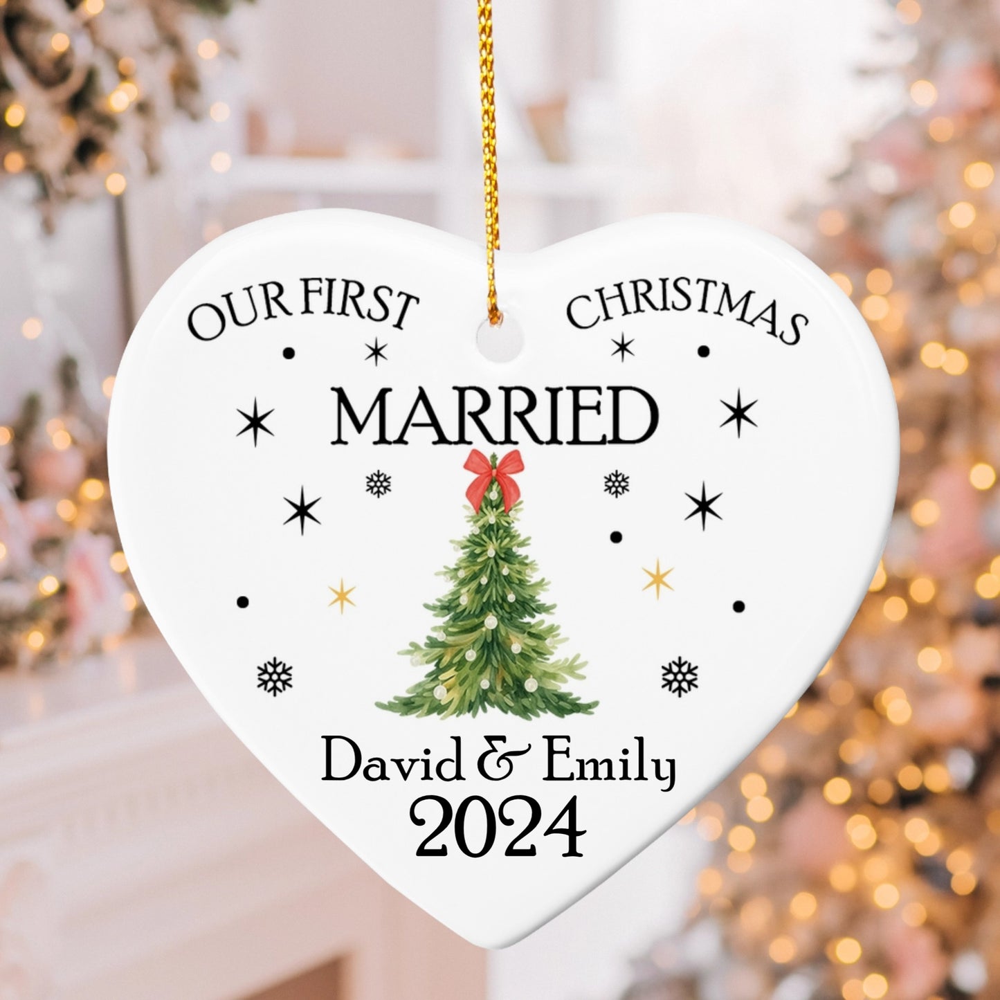 Personalized Married Ornament – Our First Christmas Married Ornament with Names & Year – Custom Newlywed Christmas Tree Keepsake 2024