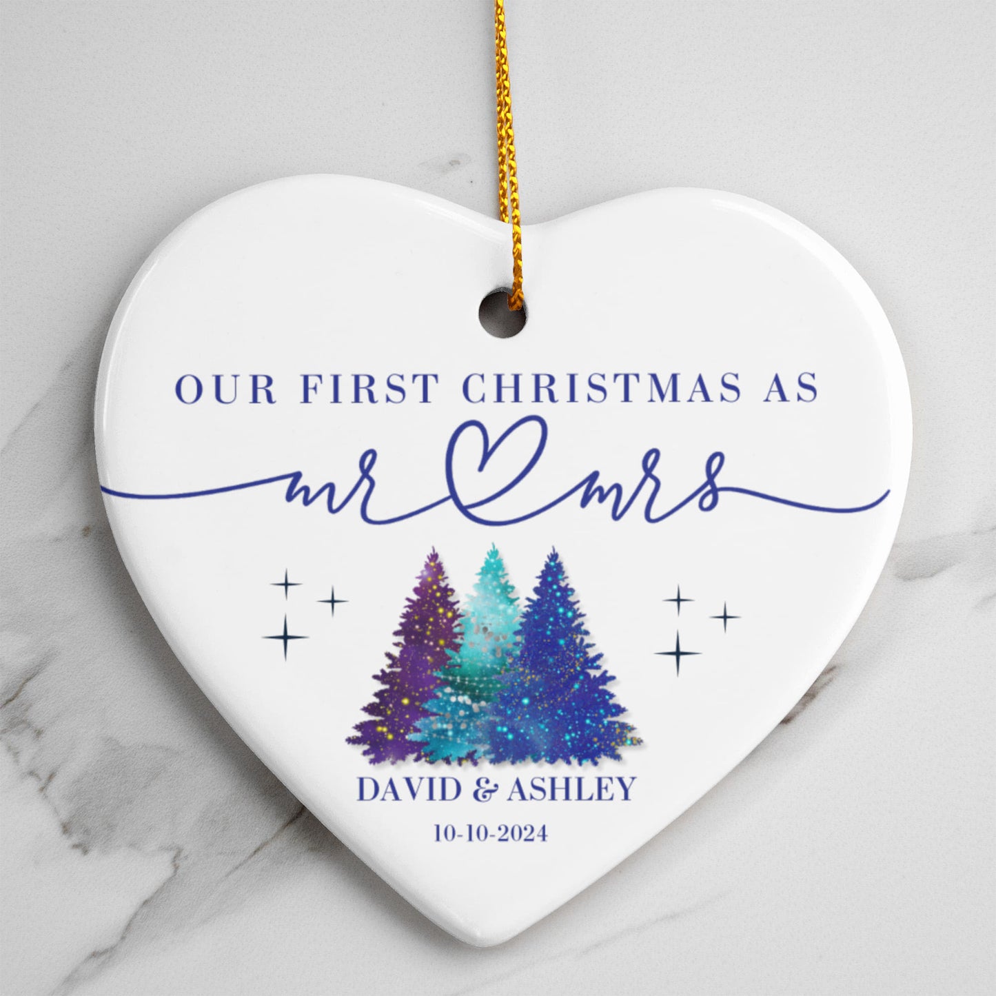 Personalized Our First Christmas as Mr & Mrs Ornament – Custom Heart-Shaped Newlywed Keepsake with Names & Date
