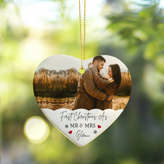 First Christmas As Mr & Mrs Photo Ornament – Personalized Ceramic Heart Ornament with Couple Picture & Family Name, Custom Newlywed Christmas Gift 2025