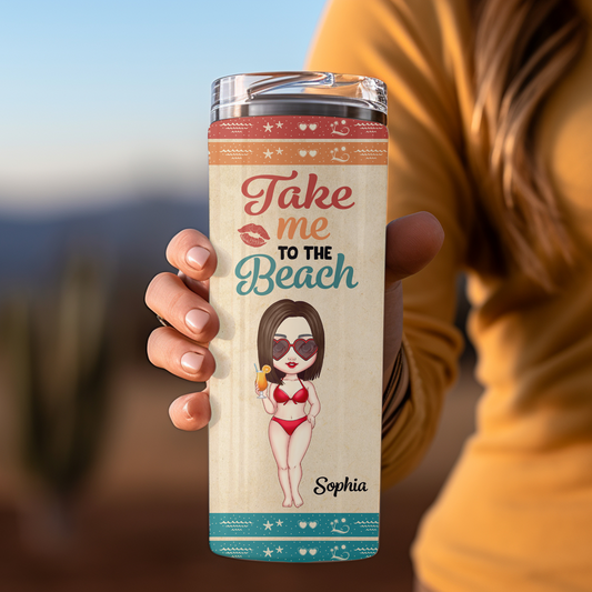Personalized “Take Me to the Beach” 20oz Skinny Tumbler – Custom Summer Travel Cup with Name & Character !