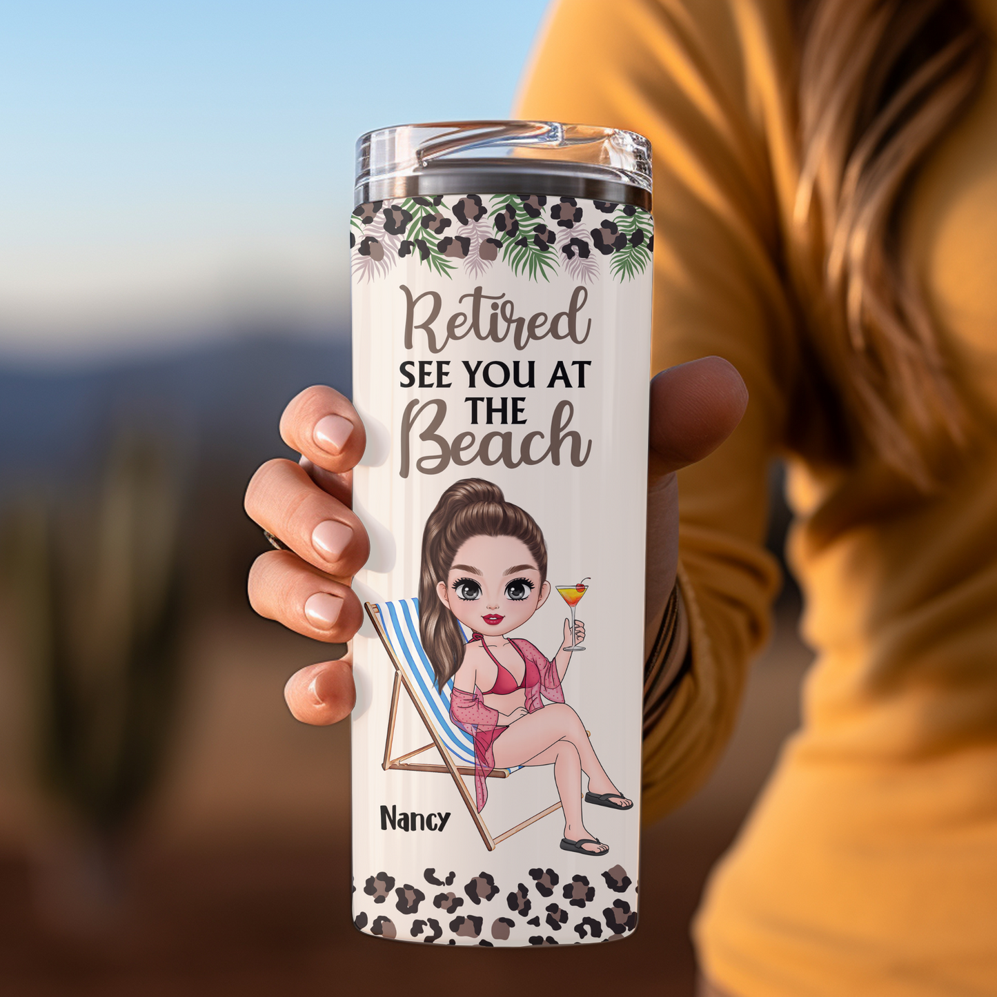 Personalized "Retired See You at the Beach" 20oz Skinny Tumbler with Custom Character – Fun Retirement Gift for Women !