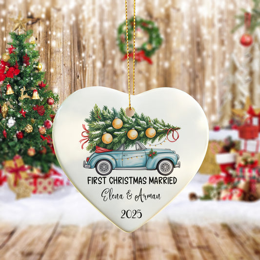 First Christmas Married Ornament 2025 – Personalized Ceramic Heart Ornament with Vintage Car & Tree, Custom Newlywed Christmas Gift for Couples