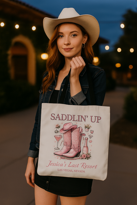 Saddlin’ Up Bachelorette Tote – Custom Bride Name & Party Location Tote Bag