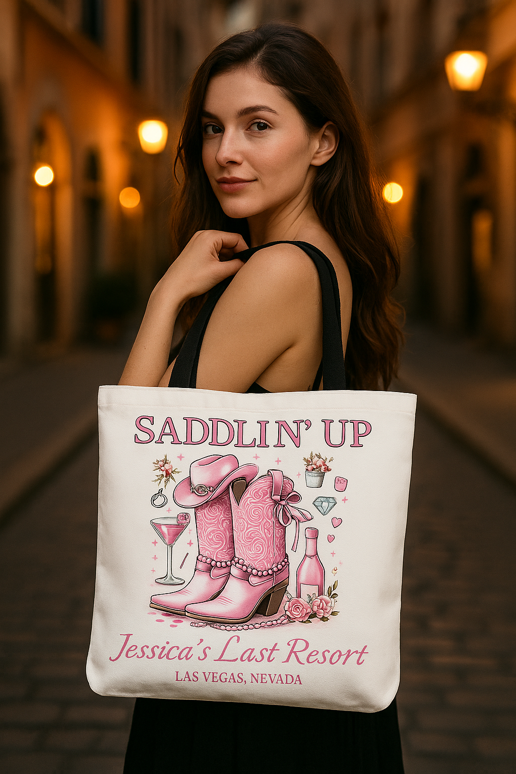 Saddlin’ Up Bachelorette Tote – Custom Bride Name & Party Location Tote Bag