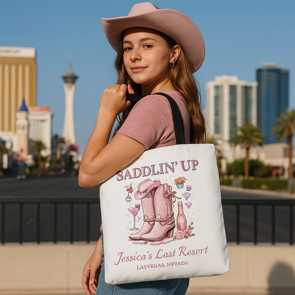 Saddlin’ Up Bachelorette Tote – Custom Bride Name & Party Location Tote Bag