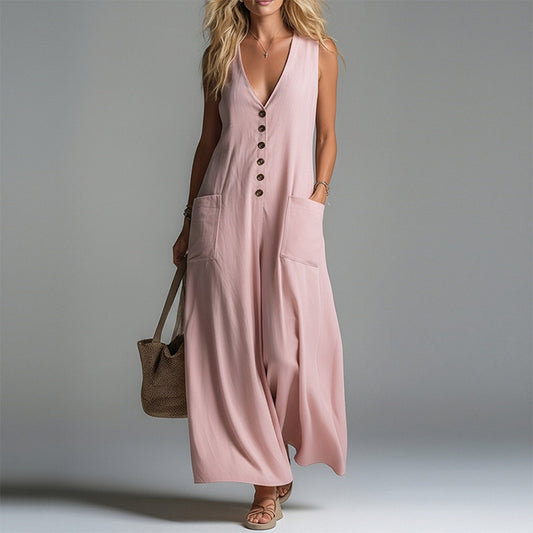 Sleeveless V-Neck Pencil Dress | Elegant Button-Up Bodycon | High Waist Slim Fit | Black White Pink Khaki | XS–3XL