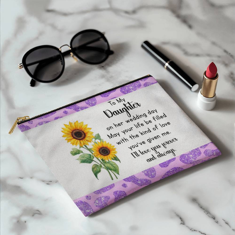 To My Daughter Wedding Day Makeup Bag from Mom – Sunflower Gift for Bride – Sentimental Bridal Gift – Forever Love Zipper Pouch