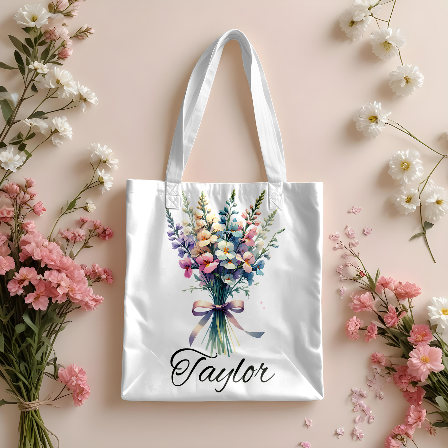 Personalized Birth Month Flower Tote – Custom Name Floral Bag Gift
