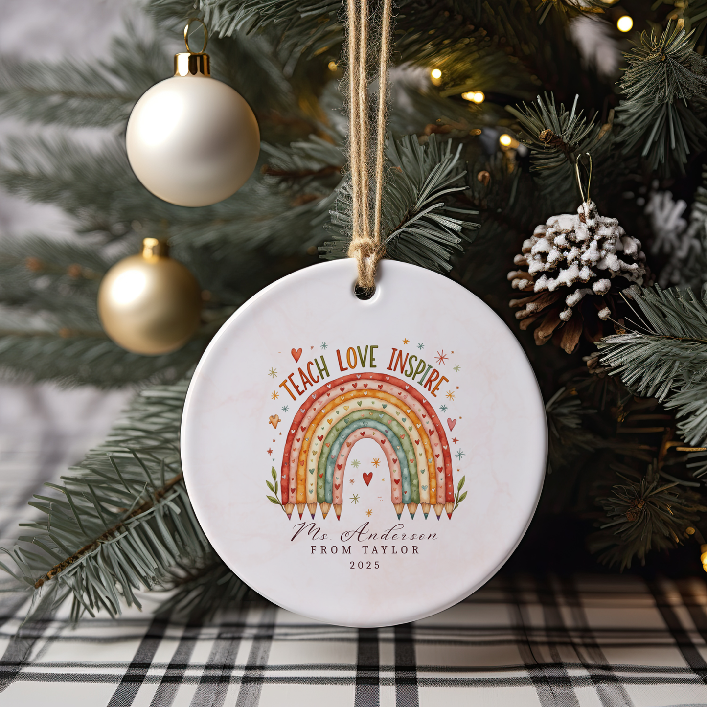 Personalized Teacher Ornament – Custom Name Christmas Gift from Student – Teach Love Inspire Rainbow Keepsake