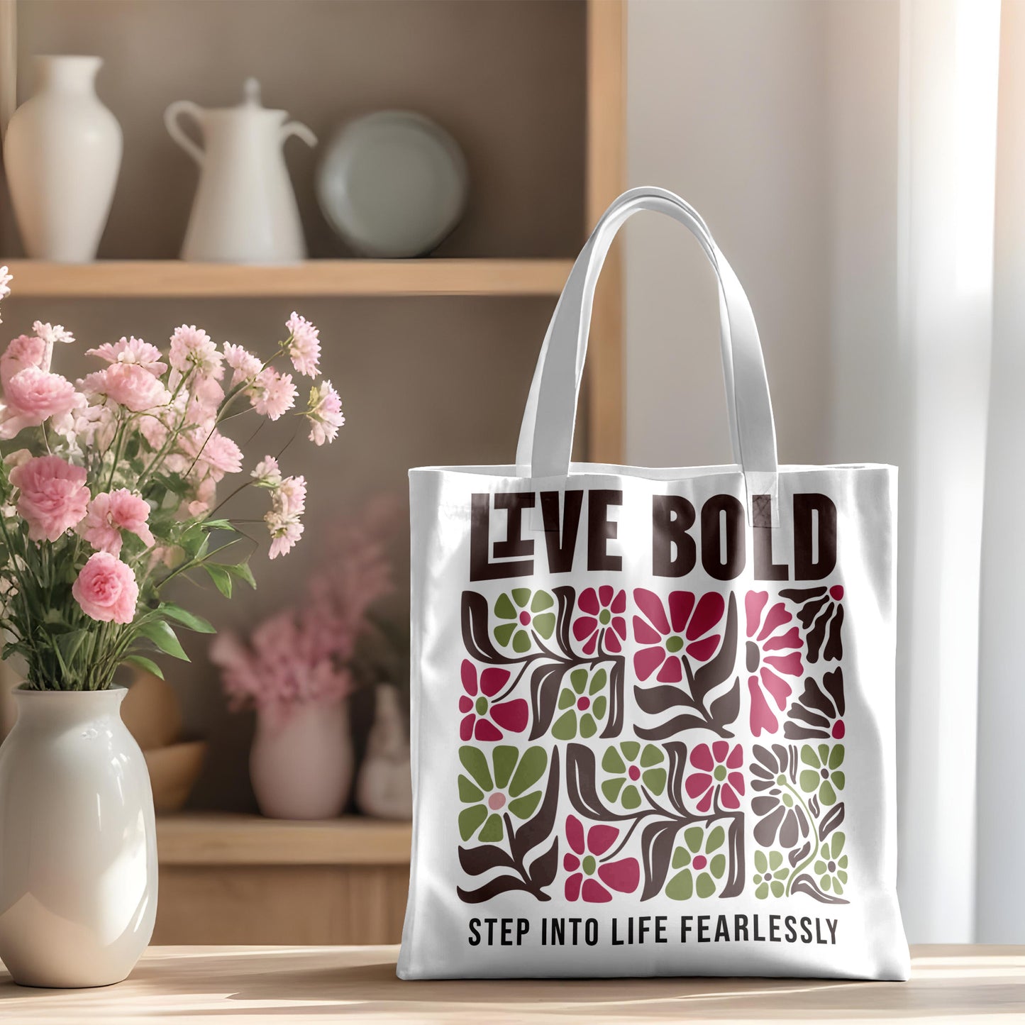 Live Bold Floral Tote Bag – “Step Into Life Fearlessly” Inspirational Eco Tote Bag