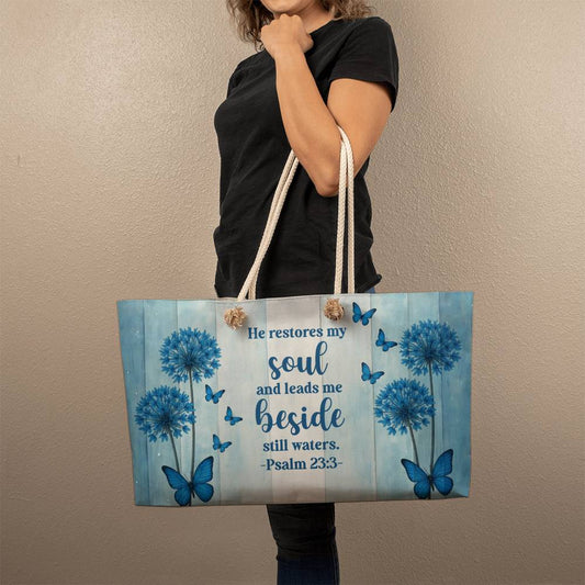 Blue Faith Weekender Tote – Psalm 23:3 Christian Bag