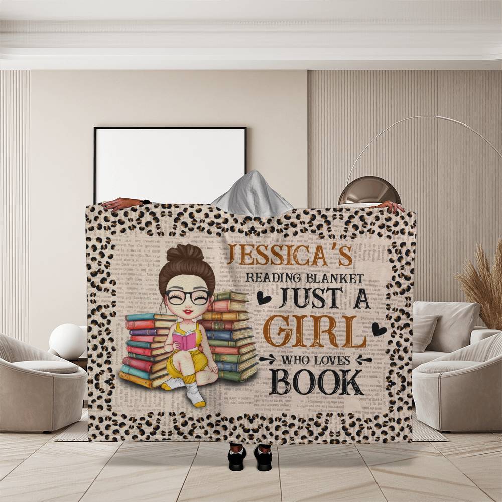 Personalized “Just a Girl Who Loves Books” Hooded Sherpa Blanket For Daughter