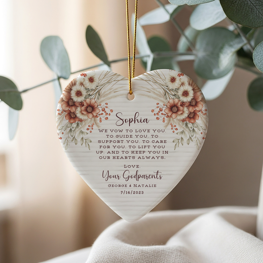 Personalized Godparent Ornament – Heart Keepsake with Child’s Name & Date – Baptism or Christening Gift