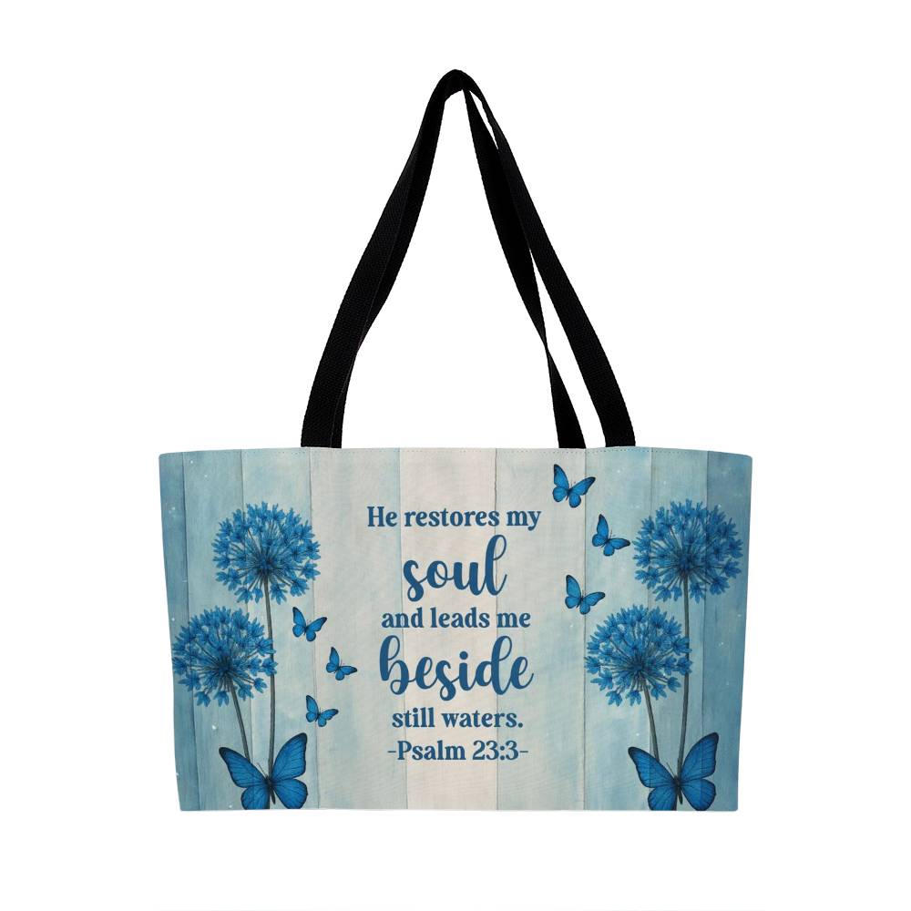 Blue Faith Weekender Tote – Psalm 23:3 Christian Bag