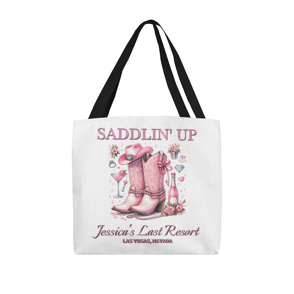 Saddlin’ Up Bachelorette Tote – Custom Bride Name & Party Location Tote Bag