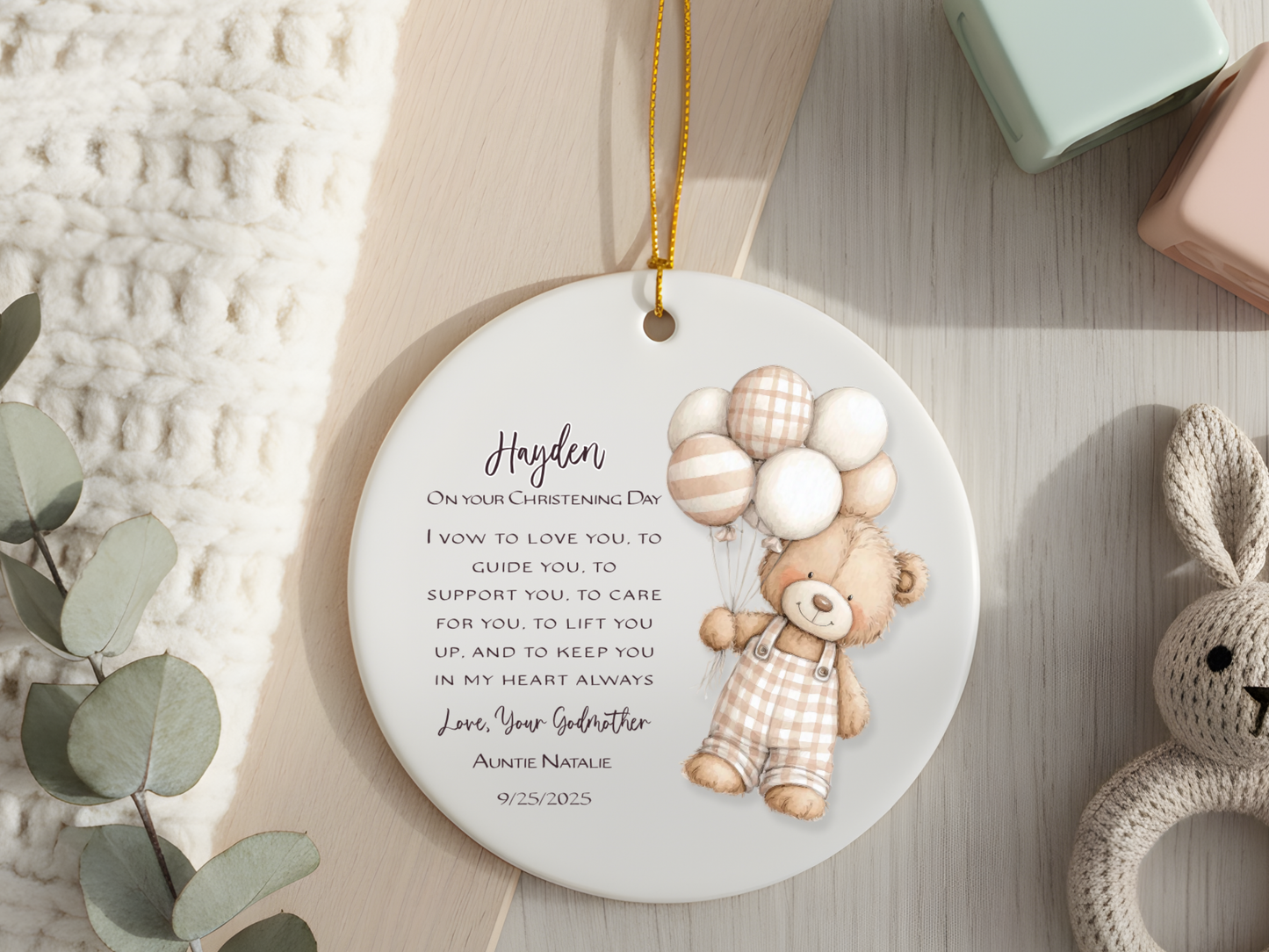 Personalized Christening Ornament – Baby Baptism Gift from Godmother or Loved One – Custom Keepsake with Name & Date – Christening Day Ornament