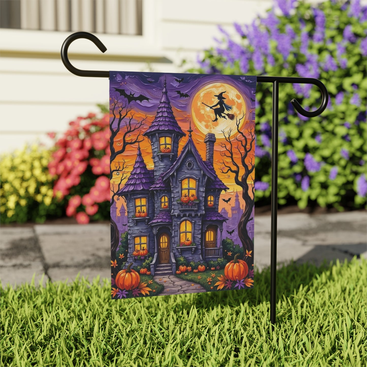 Halloween Garden Flag β Haunted House with Pumpkins, Witch & Full Moon β Spooky Outdoor Yard Decoration