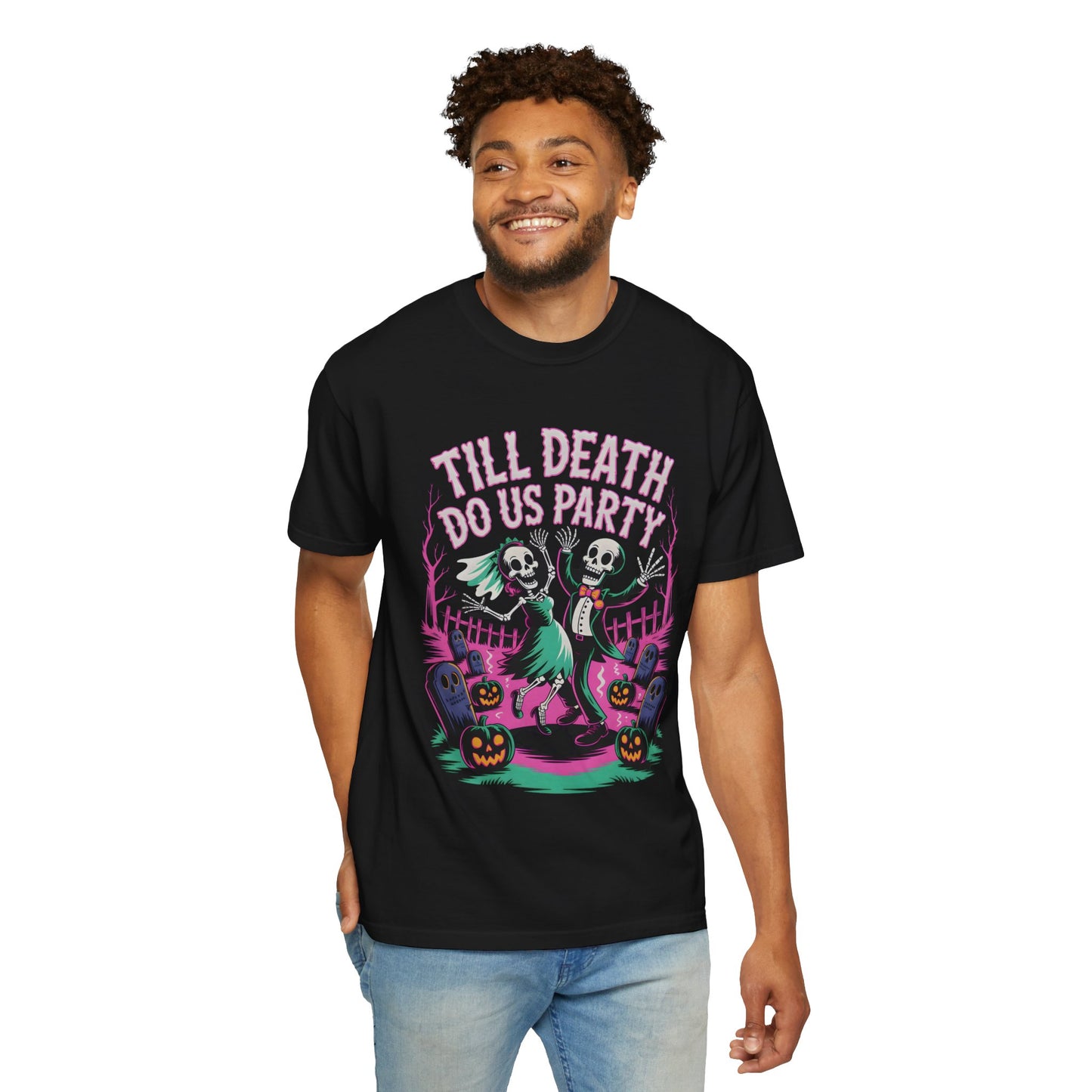 Till Death Do Us Party Skeleton Halloween Shirt – Funny Couples Tee