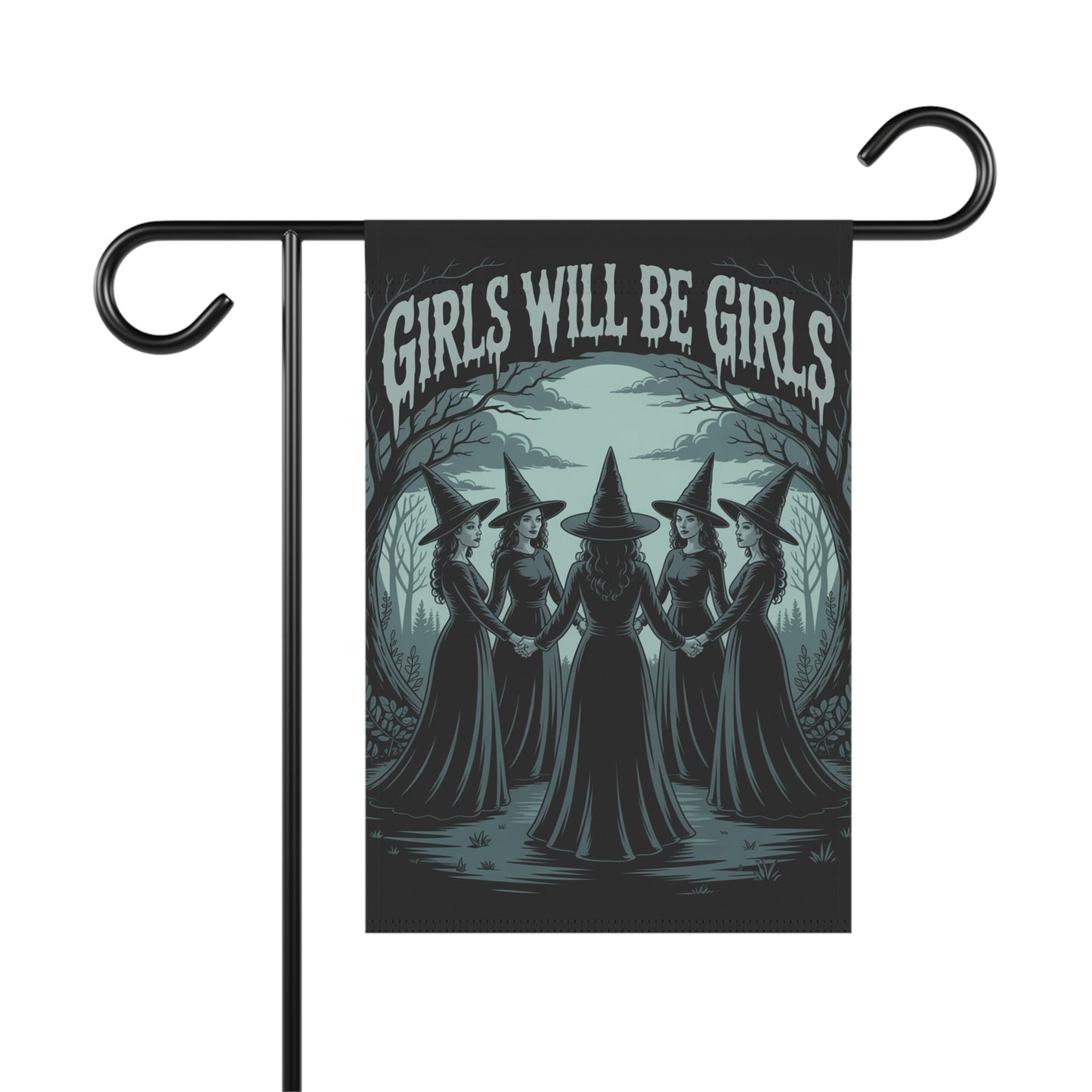 Girls Will Be Girls Garden Flag – Gothic Witch Coven Outdoor Halloween Décor – Feminist Spooky Yard Flag