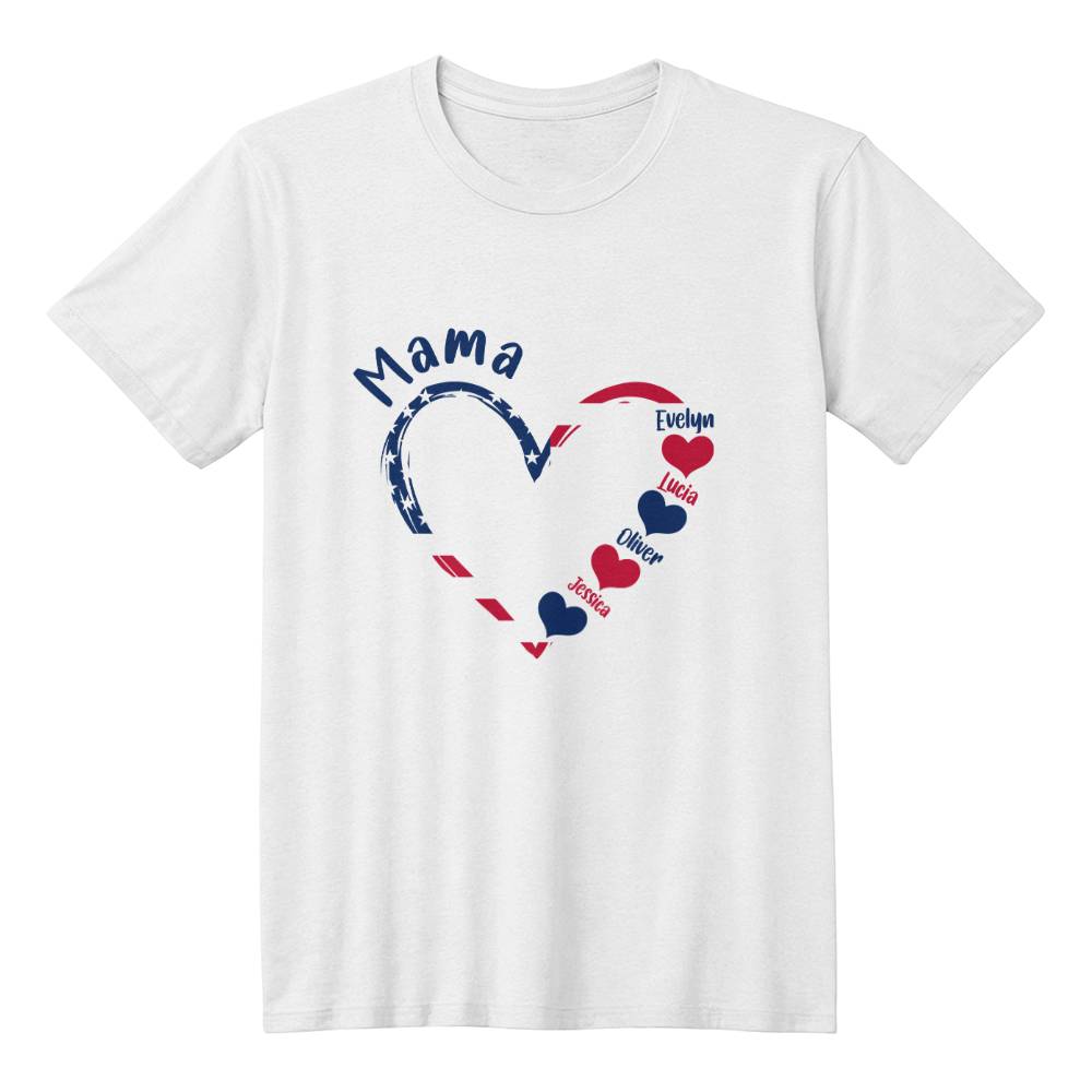 Personalized "Mama" America 250 T-Shirt – Custom Kids Names | Patriotic Mom Shirt | 4th of July Mother's Day Gift | Red White & Blue Heart Mom Tee | America 250th Birthday Shirt