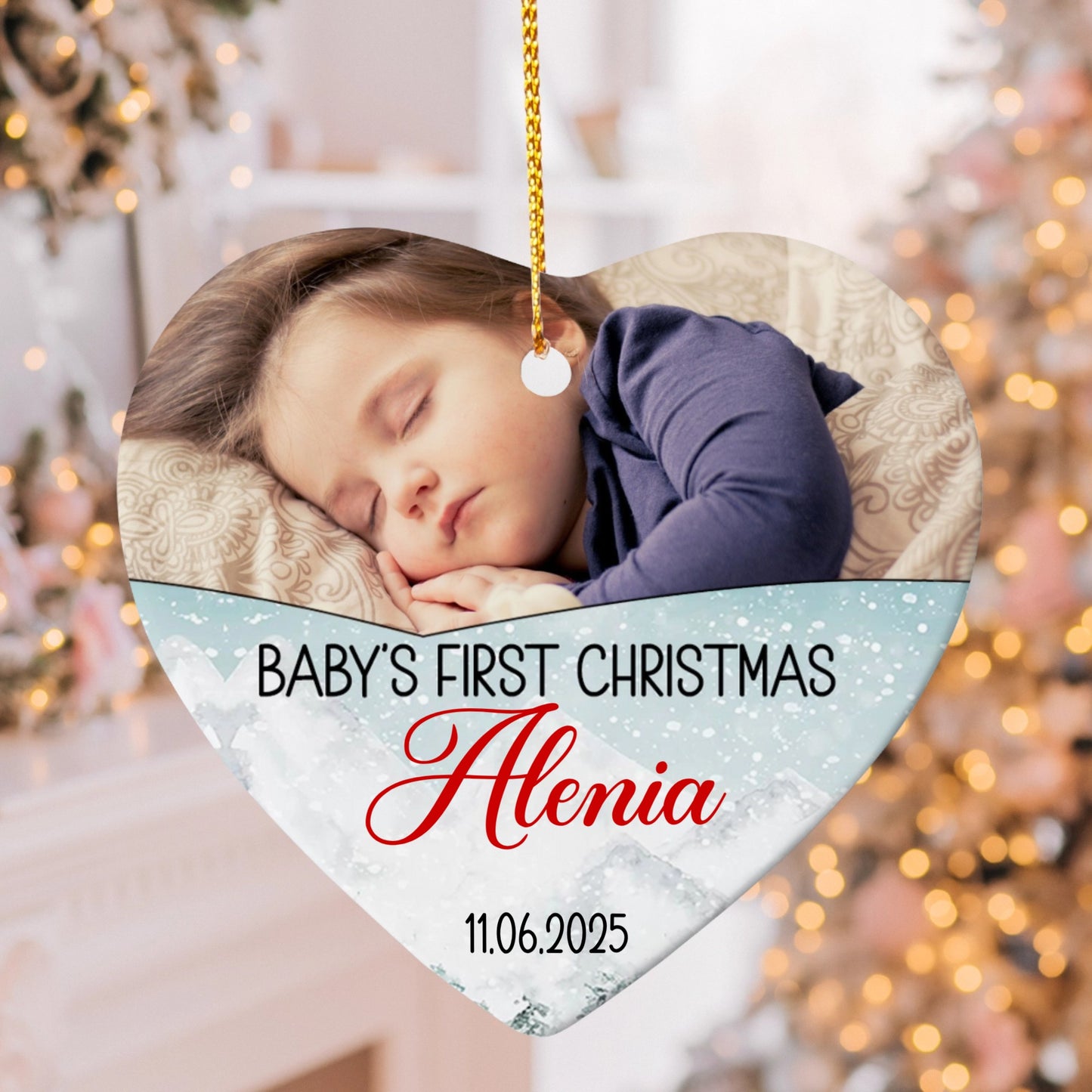 Personalized Baby’s First Christmas Ornament 2025 – Custom Photo Heart Ornament with Baby Name & Date, Snowy Winter Keepsake Gift