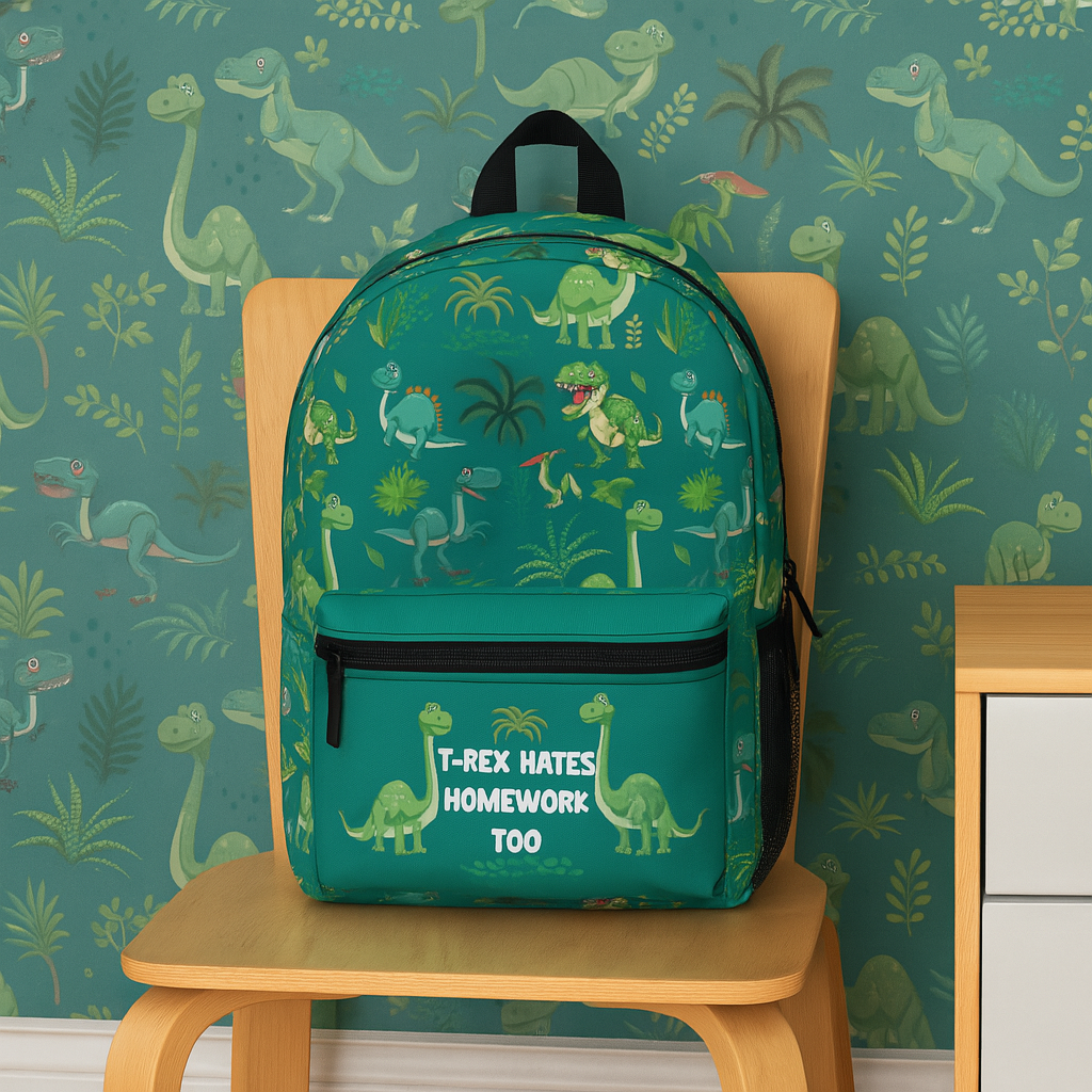 T-Rex Hates Homework Too – Funny Dinosaur Backpack for Kids