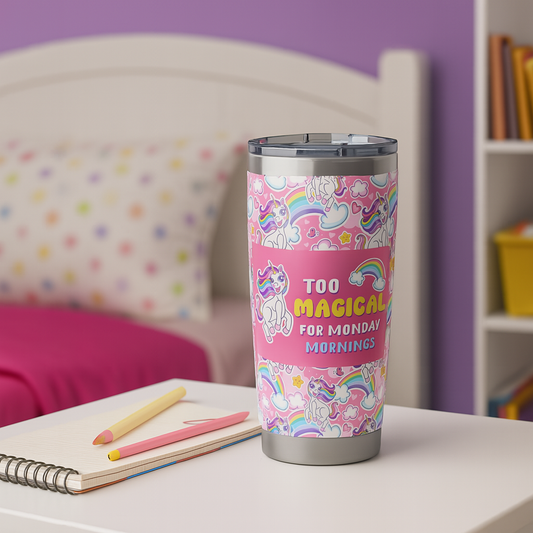 π¦ Too Magical for Monday Mornings β 20oz Unicorn Tumbler for Girls