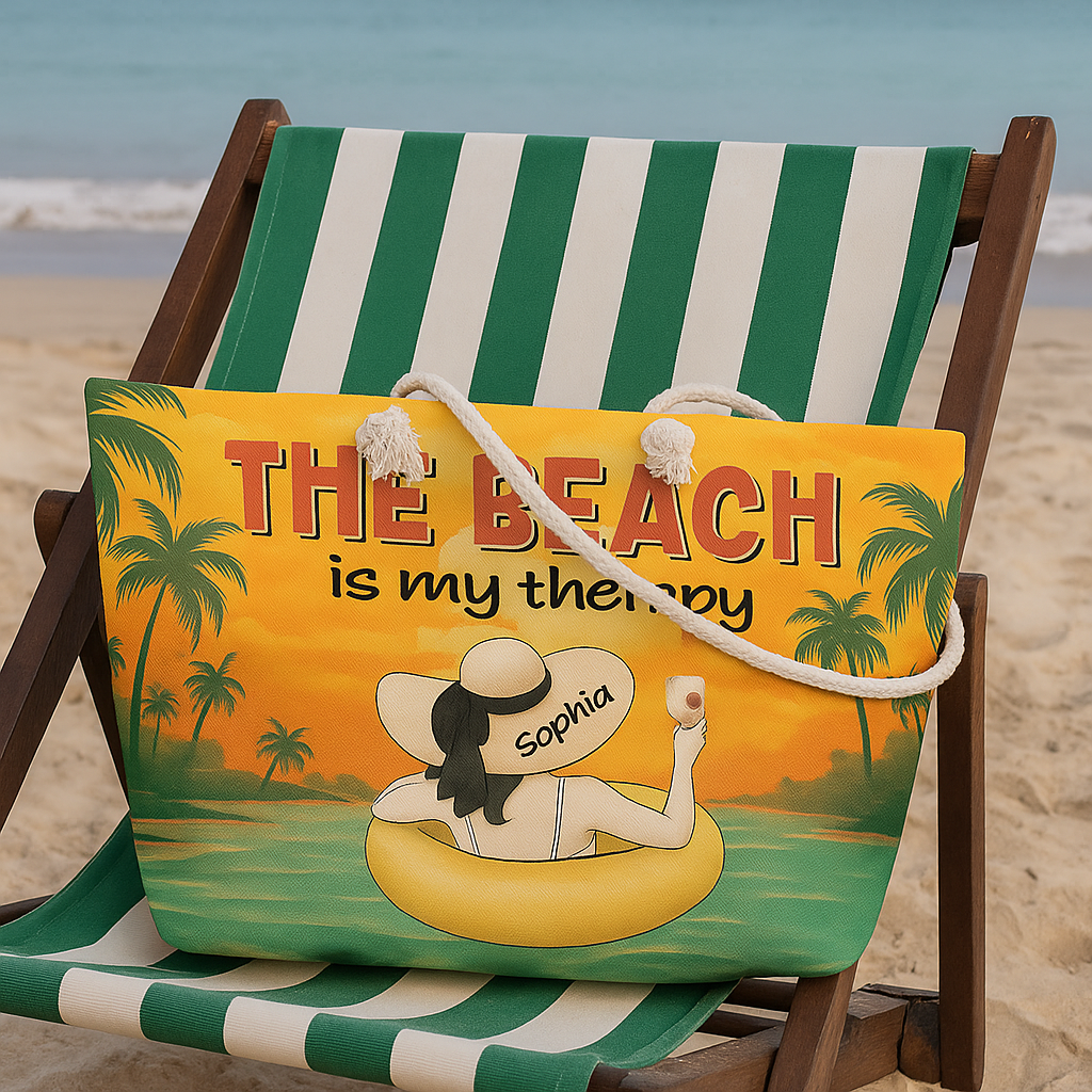 Personalized “The Beach Is My Therapy” Tote Bag – Custom Name & Character Beach Bag for Women