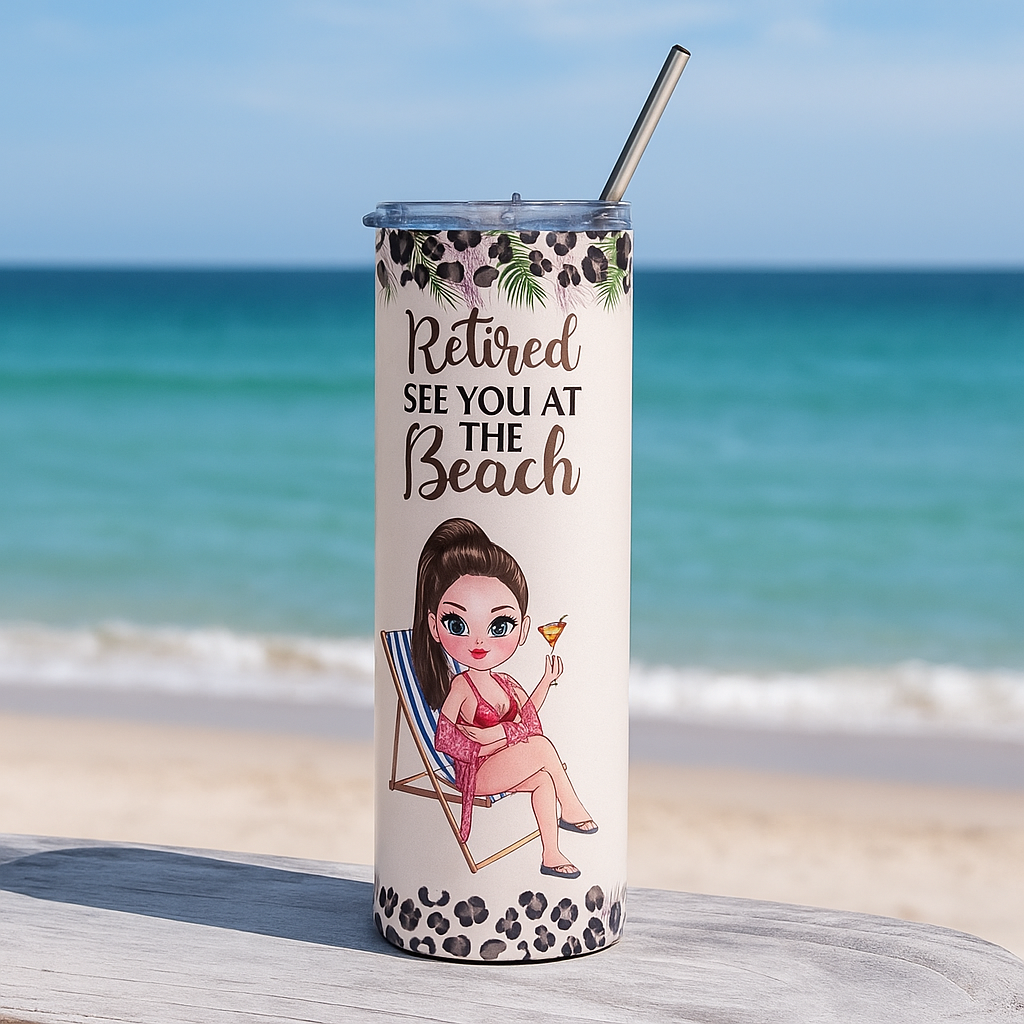 Personalized "Retired See You at the Beach" 20oz Skinny Tumbler with Custom Character – Fun Retirement Gift for Women !