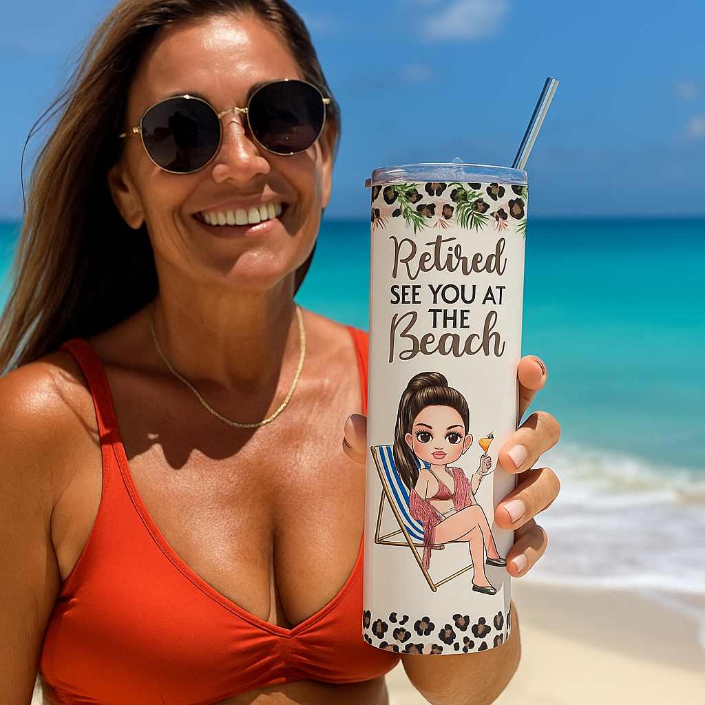 Personalized "Retired See You at the Beach" 20oz Skinny Tumbler with Custom Character – Fun Retirement Gift for Women !