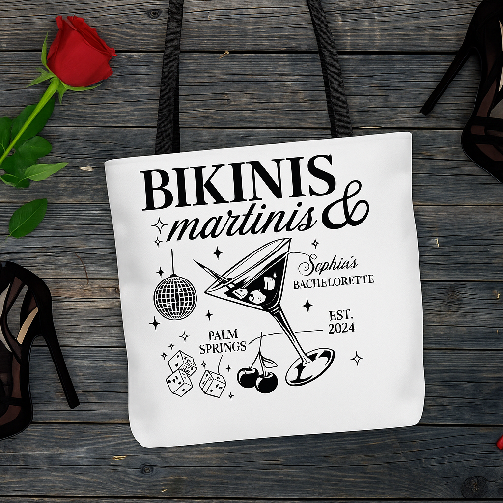Custom "Bikinis & Martinis" Bachelorette Party Tote Bag – Personalized Bridal Beach Bag