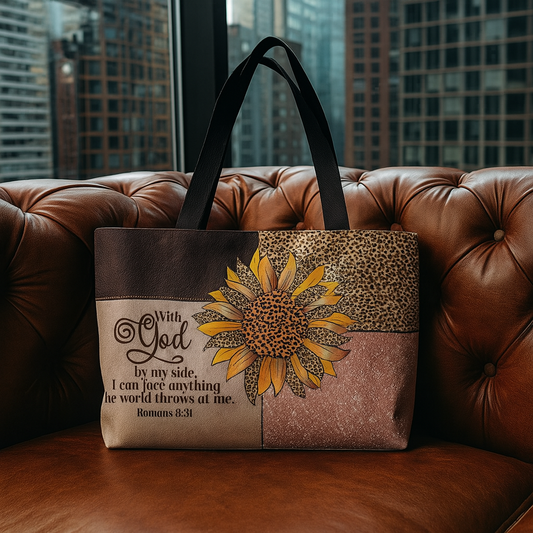 Faith & Fierce Weekender Tote Bag – Leopard Print Christian Travel Bag with Sunflower and Bible Verse