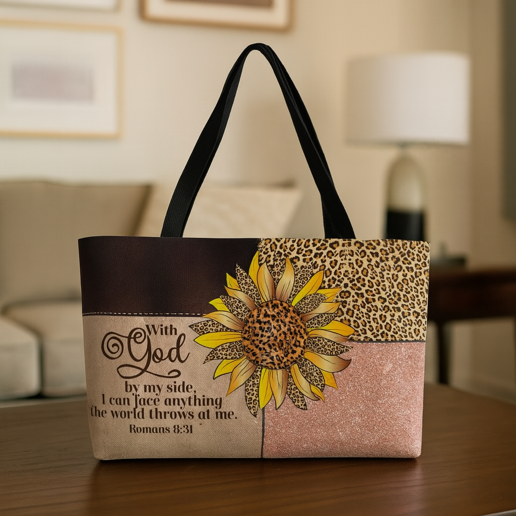 Faith & Fierce Weekender Tote Bag – Leopard Print Christian Travel Bag with Sunflower and Bible Verse